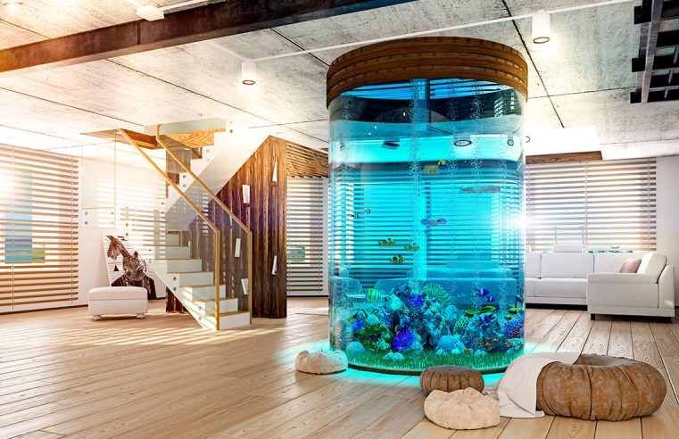 Современный интерьер лофта с аквариумом