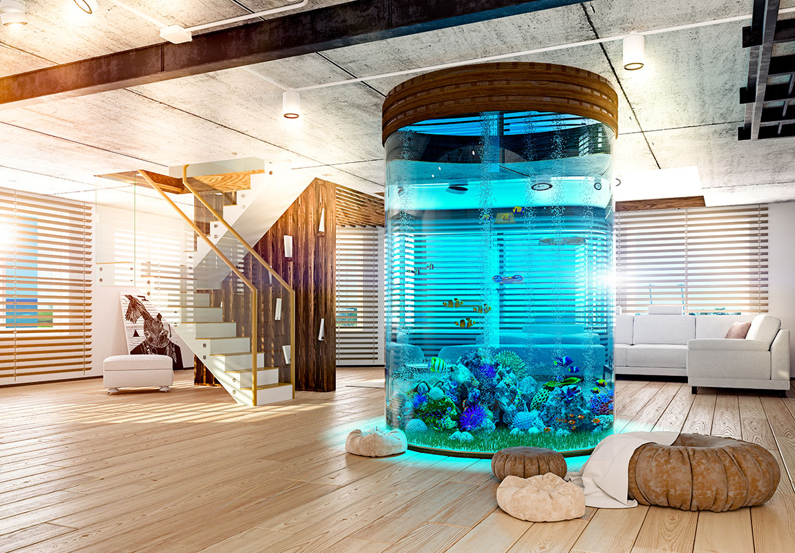 Современный интерьер лофта с аквариумом